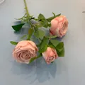 Realistic 3-head artificial pink rose silk flower bouquet for home and wedding decor - Flesh Pink