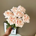 Elegant bouquet of 9-head artificial champagne roses for home and wedding decor. - Champagne Pink