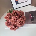 European style dusty rose artificial flowers bouquet with 9 realistic diamond rose heads - Dark Coffee