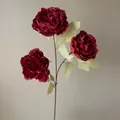 Dark red artificial peony silk flower with three blooming heads for home decor. - Red