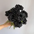 Elegant handheld bouquet of nine realistic black artificial roses for gothic wedding decor - Black