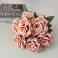 9 heads dusty pink artificial roses bouquet for elegant wedding and home decoration - Milk Tea