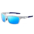 Detailed side view of sport polarized sunglasses with white speckled frame and blue lenses - White Blue Frame Blue Mirror