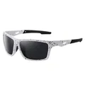 Detailed macro shot of white splatter pattern outdoor sports polarized sunglasses - White Black Frame Gray Lens