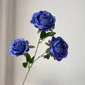 Elegant French Monet style artificial blue rose branch with three blooms for wedding decor. - 4-Head Core-Wrapped Blue Rose