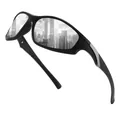 Sleek black sports sunglasses with mirrored lenses reflecting a modern city skyline. - Polarized / Black Frame Silver Mirror Lens