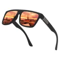 Mens matte black square polarized sunglasses with orange sunset reflection lenses - Polarized / Black Frame Red Mirror