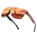 Vista dettagliata di occhiali da sole da ciclismo con riflesso urbano al tramonto - Polarizzato (Rivestimento Reale) / Montatura Nera Stanghetta Rossa Specchio Rosso