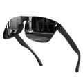 Dettaglio degli occhiali da ciclismo nero opaco con riflesso stradale urbano sulle lenti - Polarizzato (Rivestimento Reale) / Montatura Nera Lenti Grigie