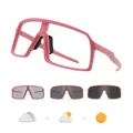 Pink frame photochromic cycling sunglasses demonstrating lens color change in sun - Pink