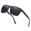 Sporty men's polarized sunglasses with blue textured frame and red stripe detail - Navy Blue Frame Red Temples Grey Lens / Polarized