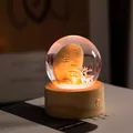 Detailansicht einer leuchtenden Kristallkugel mit Hirschfiguren auf einem Holzsockel - Ein Leben Eine Liebe / Wiederaufladbares Modell