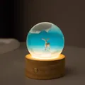 Creative resin crystal ball night light with deer landscape on wooden base - Blue Mountain Elk (Rechargeable)