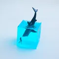Close-up detail of a creative resin ocean cube night light featuring a shark and diver - Megalodon (No Base) / 5cm