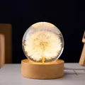 Lámpara de noche bola de cristal diente de león con base madera USB para escritorio. - 6cm Bola de Diente de León (320) / Enchufe USB