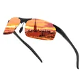 Detalle de las gafas de sol deportivas polarizadas para hombre con lentes de espejo naranja. - Polarizado / Marco Negro Espejo Rojo