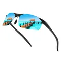 Primer plano de gafas de sol polarizadas azules con reflejo de playa tropical clara - Polarizado / Montura Negra Recubrimiento Azul