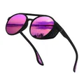 Occhiali da sole sportivi all'aperto con montatura rotonda nera e lenti rosa specchiate - Polarizzato (Rivestimento Reale) / Viola Specchio Elastico