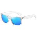 Stylish square sunglasses with clear frame and blue mirrored polarized lenses. - Transparent Frame Blue Mirror