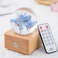 Elegant crystal ball night light featuring blue dried flowers on a natural wooden base - Blue Larkspur (A20)
