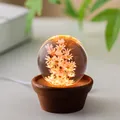 Elegant crystal ball night light featuring preserved daisies on a walnut wood base - 6cm Red Daisy Sphere / USB Plug-in