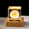 Paardenbloem kristallen kubus nachtlampje met warmgele LED houten voet voor bureau decoratie - 5cm Vierkante Paardenbloem (320)