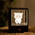 Warm LED wooden night light with 3D laser engraved kitten crystal cube for gift - Good Luck Cat / Square
