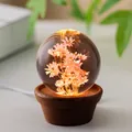 Warm glowing dandelion crystal ball night light with elegant walnut wood base gift - 7cm Red Daisy Sphere / USB Plug-in