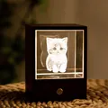 Wooden night light box featuring 3D laser engraved crystal kitten, warm ambient gift - Stay Cute Cat / Square