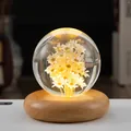 Lichtgevende kristallen bol nachtlampje met droogbloemen op houten voet - 7cm Geel Madeliefje Bol (320)