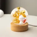 Creative lucky cat resin crystal ball night light desk ornament with wooden base - Lucky Cat Good Luck (Plug-in)
