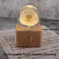 Warme Löwenzahn-Kristallkugel-Nachtlampe auf Holzsockel für die Deko - Kleines quadratisches Touch-Lade-Nachtlicht (Löwenzahn) / Mittlere Größe (7cm Durchmesser Kugel)