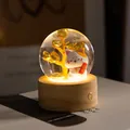 Creative resin crystal ball night light with lucky cat and golden tree on wood base - Lucky Cat Good Luck (Rechargeable)