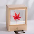 Handmade wooden night light featuring a preserved red maple leaf in a clear resin cube - Maple-Square Red Maple Leaf / Seven-Color + Three-Color Dimming