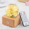 Elegant preserved yellow flower crystal ball music box with natural wooden base and remote - Yellow Carnation (A20)