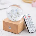 Preserved flower crystal ball music box with LED night light and remote control - White Larkspur (A20)