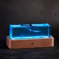Creative shark and diver ocean resin night light with natural wood base for desk decoration - Megalodon / Rechargeable Model