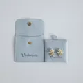 Elegant light blue suede jewelry storage pouch with snap button and pearl flower earrings - Pouch With Card Set / 8x8cm Pouch and 6x6cm Card / Light Blue