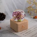 Elegant crystal ball music box featuring a purple preserved carnation on a natural wooden base - Small Square Touch Charging Night Light Style (Purple Carnation) / Medium Size (7cm Diameter Ball)