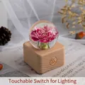 Ewige Blume Kristallkugel Spieluhr mit Holzsockel und integriertem Touch-Sensor-Licht - Kleines Quadratisches Touch-Lade-Nachtlicht-Modell (Rote Nelke) / Große Größe (8cm Durchmesser Kugel)