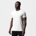 Detail view of a white slim-fit crew neck athletic t-shirt on a muscular male model. - S / Top (FY-TX923) / White
