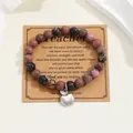 Handmade natural stone bead bracelet with silver apple charm on teacher gift card - Red with Black Lines