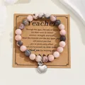 Handmade pink zebra jasper stone beaded bracelet with silver apple charm for teacher - Pink Zebra Jasper