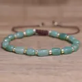 Handmade green natural stone bead bracelet with gold spacers on adjustable brown cord. - Green Aventurine