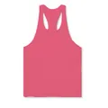 Close-up detail of a men's breathable solid pink racerback gym tank top for workout - Rose Red