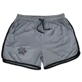 Detailed view of gray quick-dry mesh athletic shorts for men with black drawstring waist. - M / Bottoms / Dark Gray Black Trim