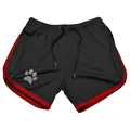 Close-up of men's quick-dry mesh athletic shorts with red side panels and drawstring - M / Bottoms / Black Red Edge
