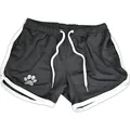 Close-up of breathable mesh sports shorts with white trim and drawstring detail - M / Bottoms / Black with White Edge