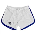 Close-up view of quick-dry mesh gym shorts showing breathable fabric and blue trim - M / Bottoms / White Blue Edge