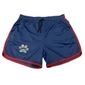 Flat lay view of navy blue mesh running shorts with red piping and a reflective paw print logo - M / Bottoms / Navy Red Border
